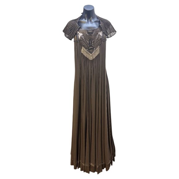 BCBG Maxazria Runway Vintage-Inspired Brown Pleated Maxi Dress w/Intricate Cutou - Picture 1 of 6